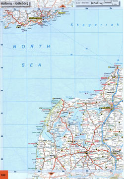Map of roads in Aalborg, Randers, Viborg, Hirtshals region of Denmark on the North Sea coast.