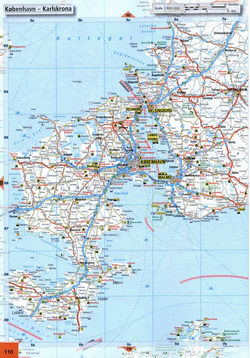 Map of roads in Helsingborg, Malmo, Ystad, Lund, Kobenhavn region in Denmark and Sweden.