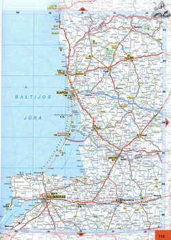 Map of roads in Kaliningrad, Sovetsk, Klaipeda, Palanga, Chernyakhovsk regions in Russia and Latvia on Baltic coast.