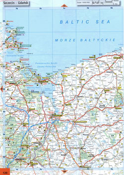 Map of roads in the region of Swinoujscie, Koszalin, Szczcin, Kolobrzeg in northwest Poland.