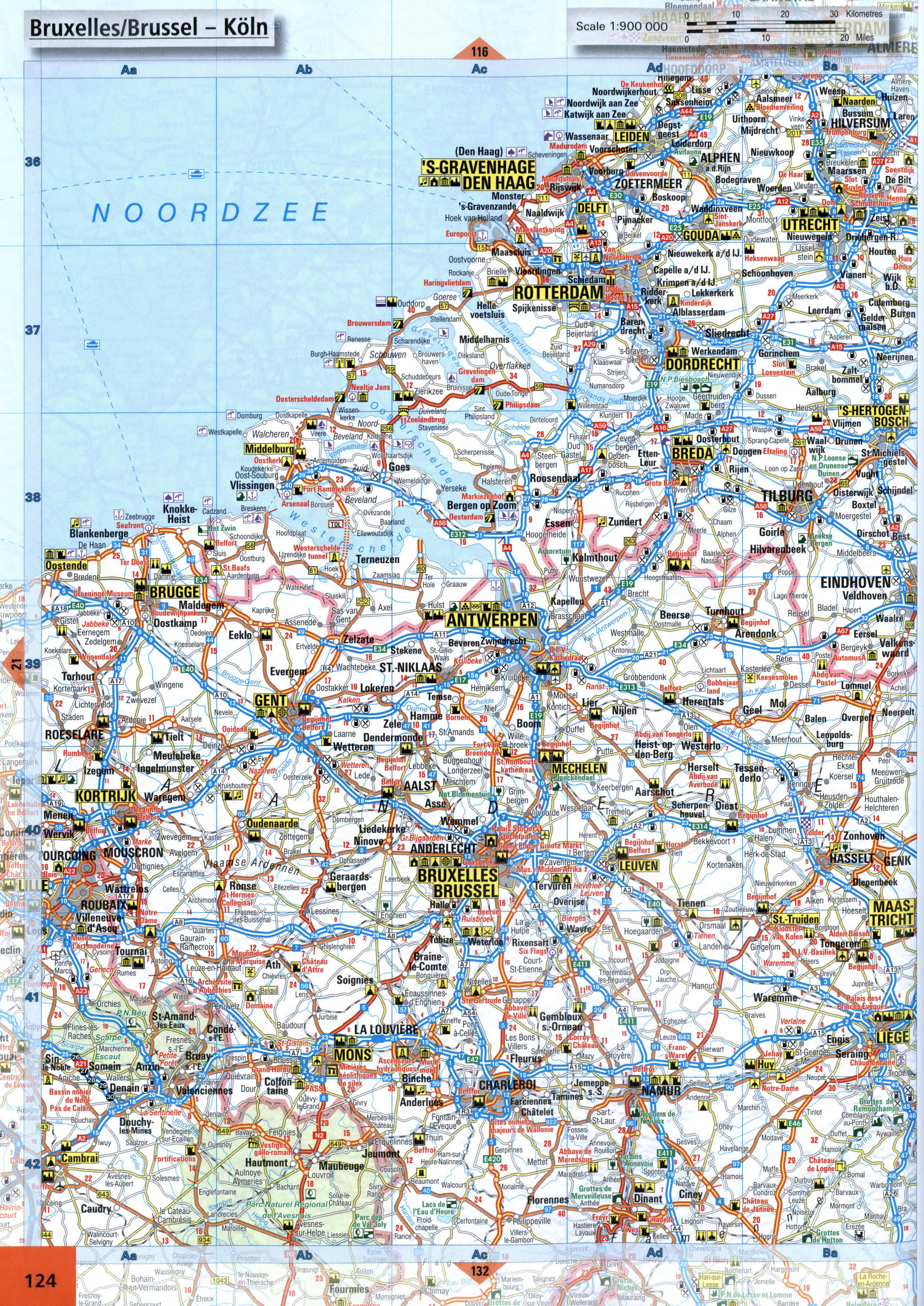 Map region Antverpen, Brugge, Rotterdam, Eindhoven, Brussel, Gent, Mons