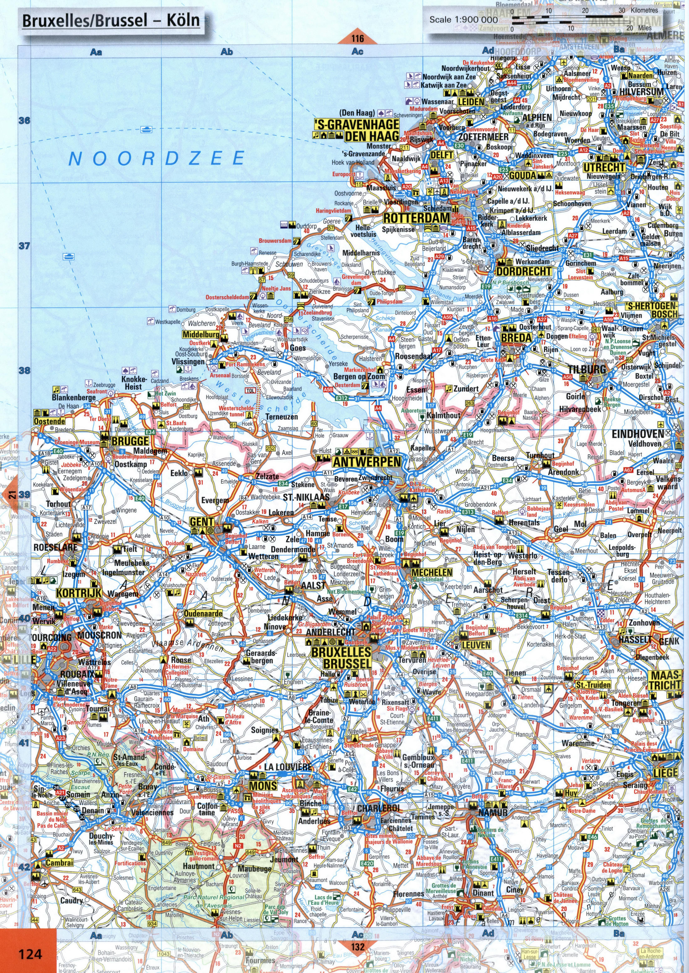 Map of roads in the region of Antverpen, Brugge, Rotterdam, Eindhoven, Brussel, Gent, Mons on the border of Belgium and the Netherlands.