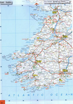 Coastal Map of Southwest Ireland. Map of roads in the region of Cork, Killarney, Limerick, Galway in southwest Ireland.