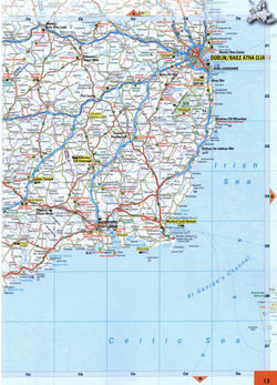 Coastal Map of Southeast Ireland. Map of roads in the region of Dublin, Waterford, Tullamore in Ireland Eire.
