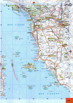 map Central Italy. Map of the coast of Italy between the cities of La Spezia, Pisa, Livorno, Grosseto
