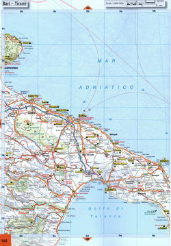 Road map of area Apulia Puglia. Map of the Italian Adriatic coast from Barletta to Brindisi