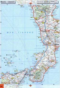 Road map of area Calabria. Map of roads in the region of Messina, Reggio, Cosenzo, Catanzaro in Italy