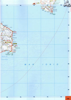 Road map Calabria. Map of roads in the Crotone region of Italy. Detailed road map of the Ionian Sea coast in southern Italy
