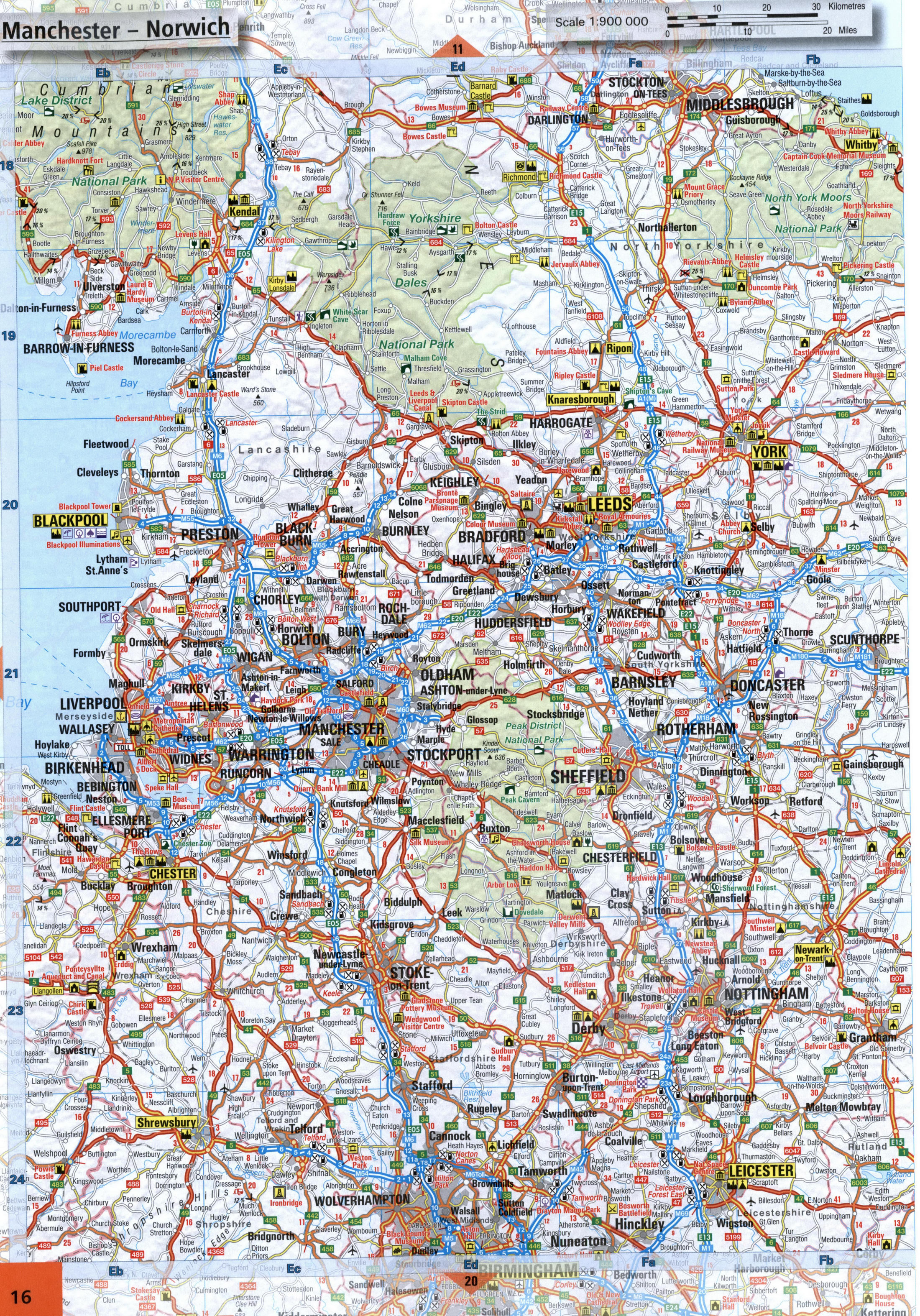 Road map of Northwest England. Detailed map of the Northwest England with cities and roads