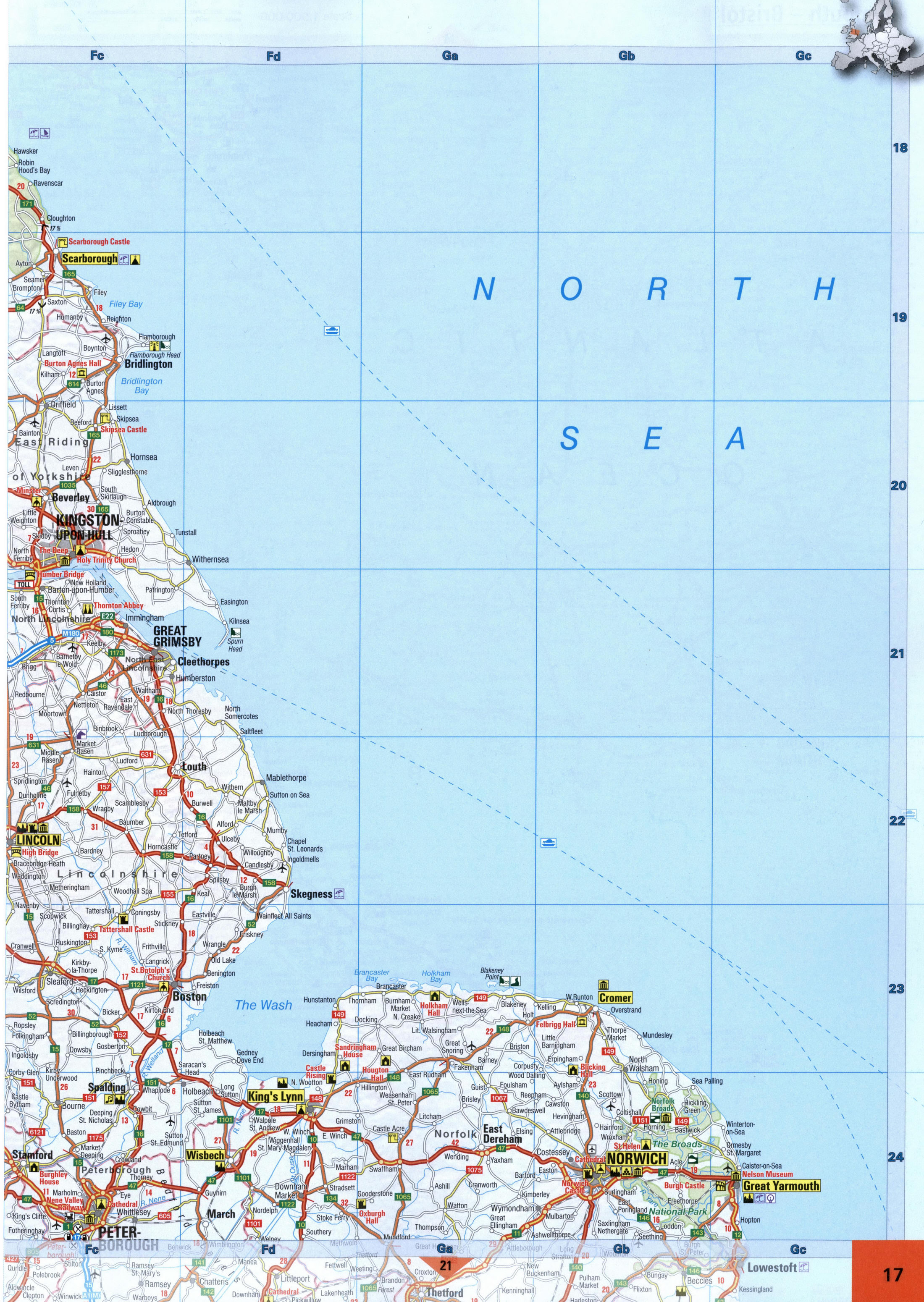 Road map of Northeast England. Detailed map of the Northeast England with cities and roads