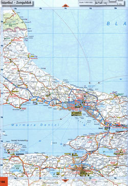 Map of roads in the region of Istanbul, Gebze, Bursa, Bandirma in the border of Turkey on the Bosporus