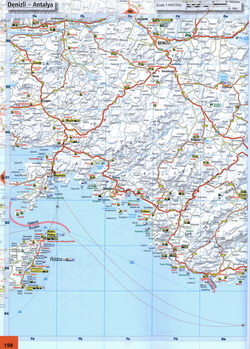 Map of the Mediterranean coast of Turkey roads near the cities of Marmaris, Fethiye, Denizli, Dalaman, Kaunos