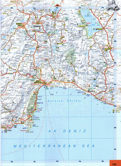 Map of the Mediterranean coast of Turkey near the cities of Isparta, Antalya, Kemer, Burdur