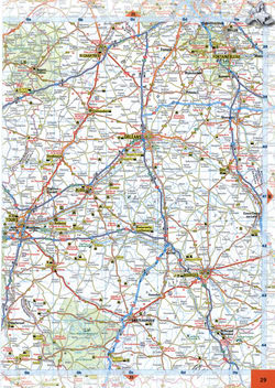 Map of central France. Map of roads in the region of Orleans, Tours, Fontainebleau, Bourges in central France.