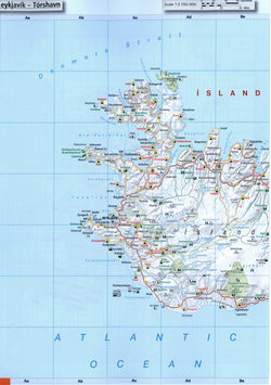 map of west Iceland. Map of roads in the region of Reykjavik, Bolungarvik, Grindavik in western Island