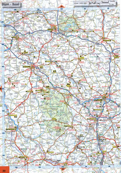 Map of roads in the region of Dijon, Nevers, Troyes, Chalon in the center of France.