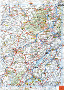 Map of roads in the region of Besancon, Epinal, Basel, Lausanne on the border of France and Switzerland.