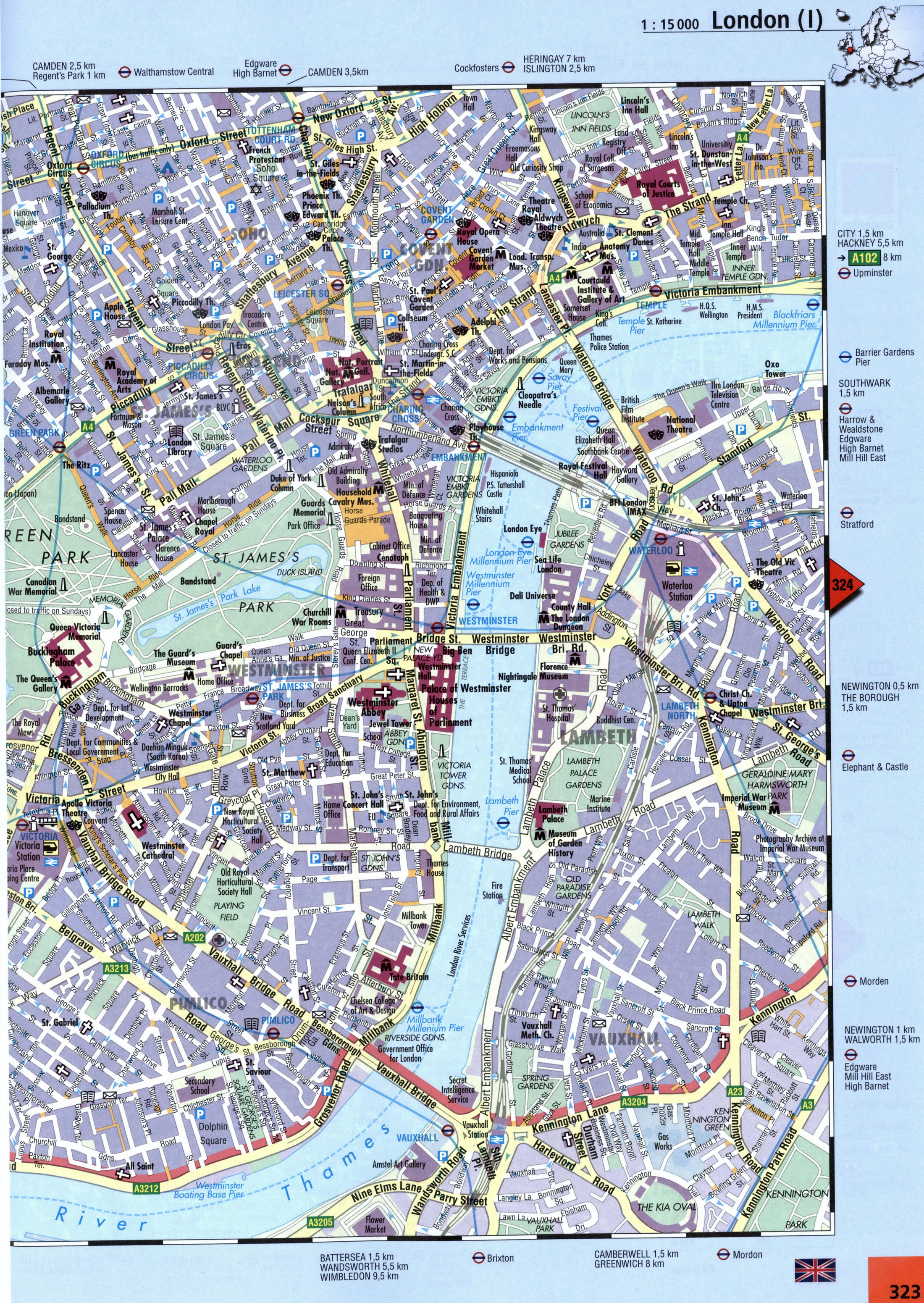 map of London around Westminster Bridge and Vauxhall Bridge