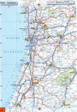 Map of the coastline of Portugal with cities and roads