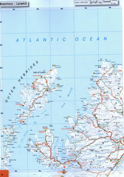 Road map of northwest Scotland. Detailed map of the northwest of Scotland with cities and roads