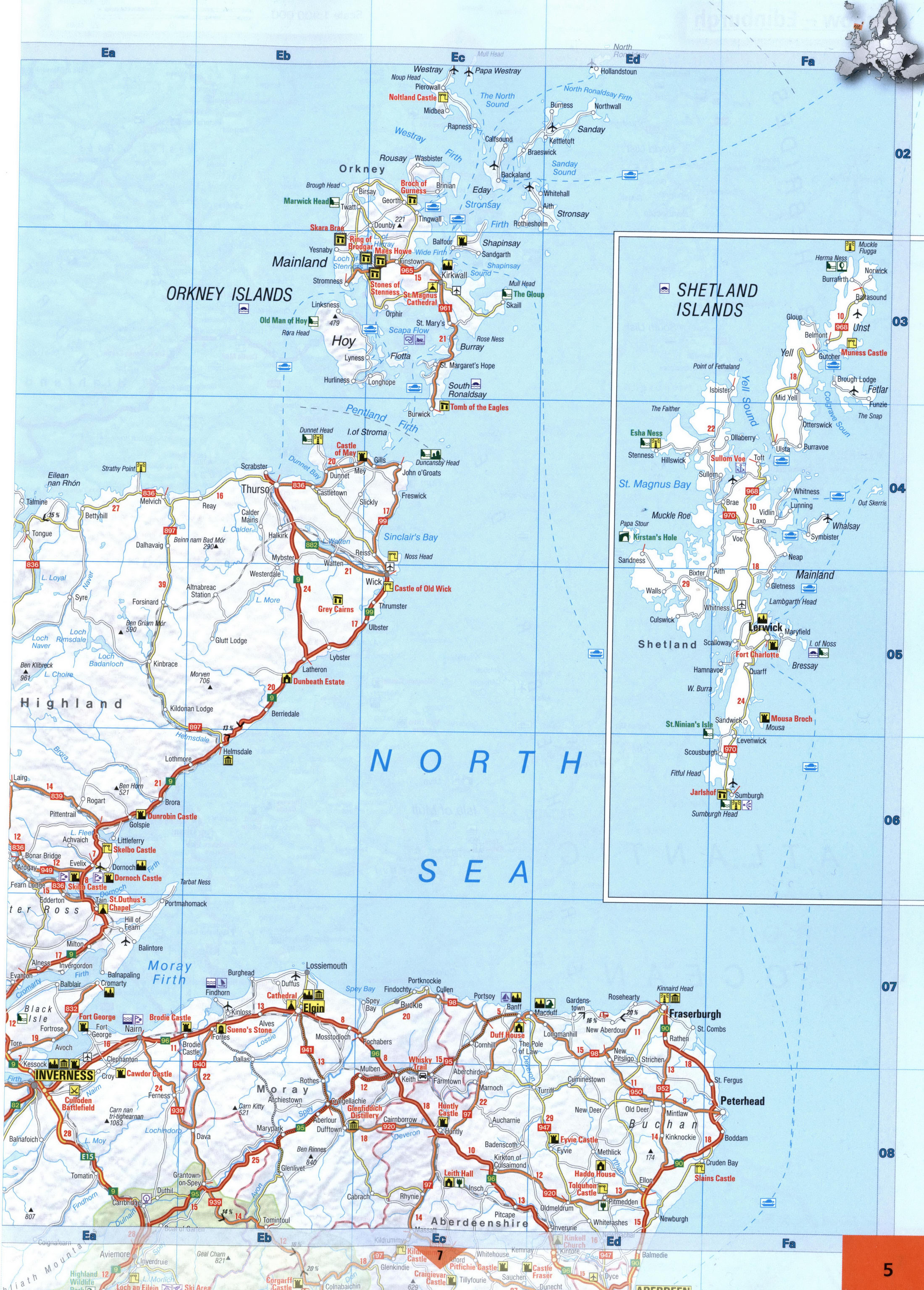 map of Orkney Islands and Shetland Islands in Scotland