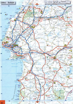 Map of the Atlantic coast of Portugal with cities and roads