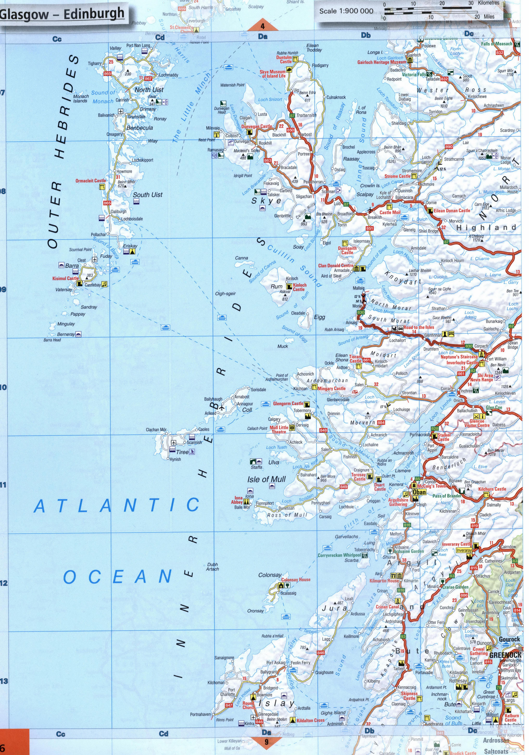 map of Outer Hebrides and Inner Hebrides Islands in Scotland