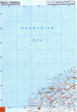 Map of roads in the region of cities Alesund, Molde, Fosnavag, Volda on the coast of the Norwegian Sea in Norway.
