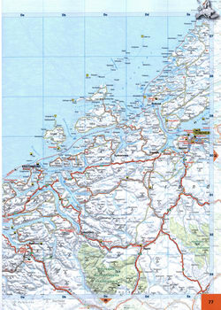 Map of roads in the region of towns Trondheim, Kristiansund, Brekstad on the coast of the Norwegian Sea in Norway.