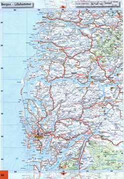 Map of roads in the region of Bergen, Maloy, Floro, Forde, Sogndal in Norway by the sea.