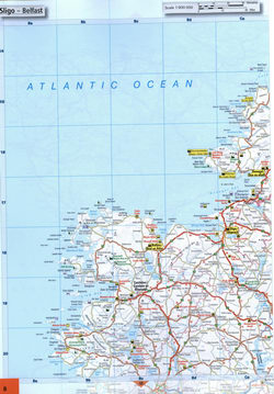 map of Donegal Bay and Clew Bay in Ireland. Map of roads in the region of Donegal, Sligo, Ballina, Castlebar in Ireland.