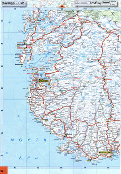 Map of roads in the region of Stavanger, Haugesund, Kristiansand, Egersund in Norway on the North Sea coast.