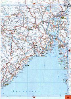 Map of roads in the region of Oslo, Larvik, Arendal, Skien, Tonsberg in Norway on the shore of the Skagerrak.