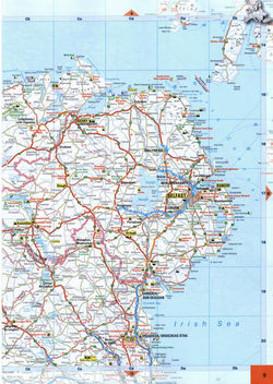 Map of Northern Ireland and North Channel. Map of roads in the region of Derry, Belfast, Drogheda, Bangor in UK and Ireland