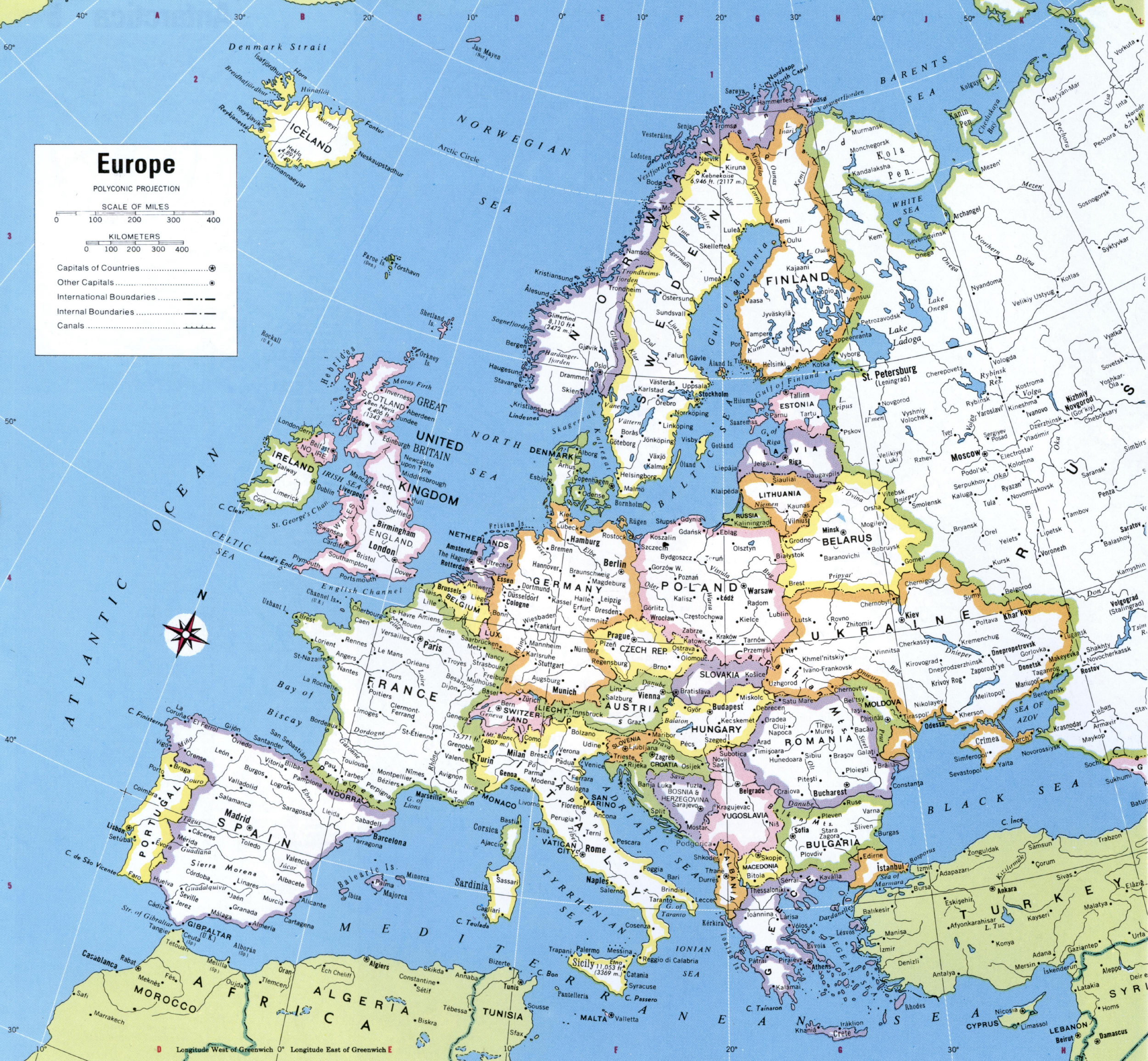 Map of Europe with countries and capitals