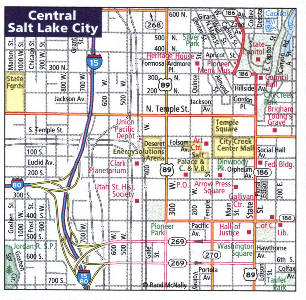 Map of Central Salt Lake City. Detailed map of Central Salt Lake City with street names and road numbers