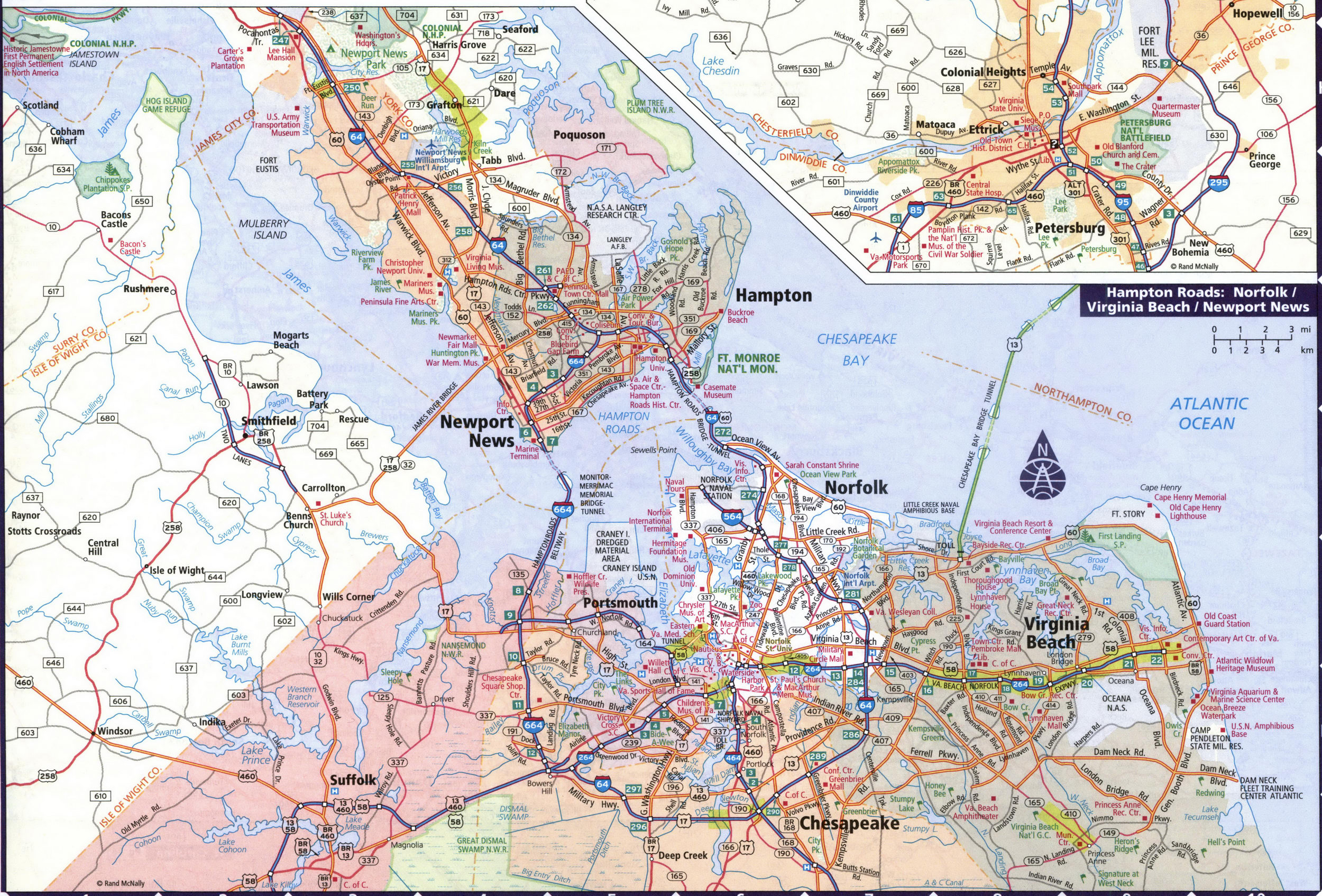 Map of Norfolk, Newport News, Virginia Beach. Detailed map of Norfolk area with street names and road numbers