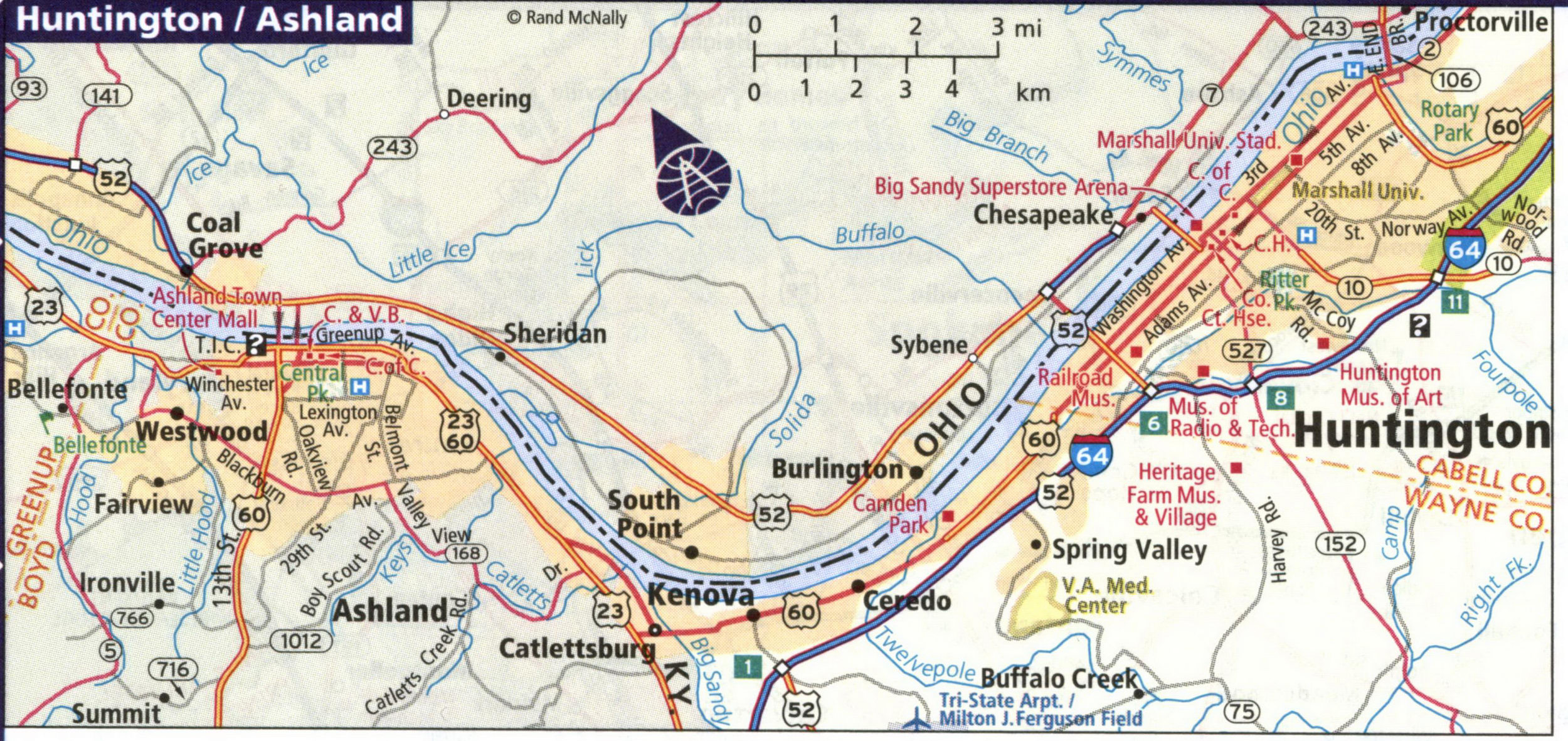 Map of Hantington city and Ashland city