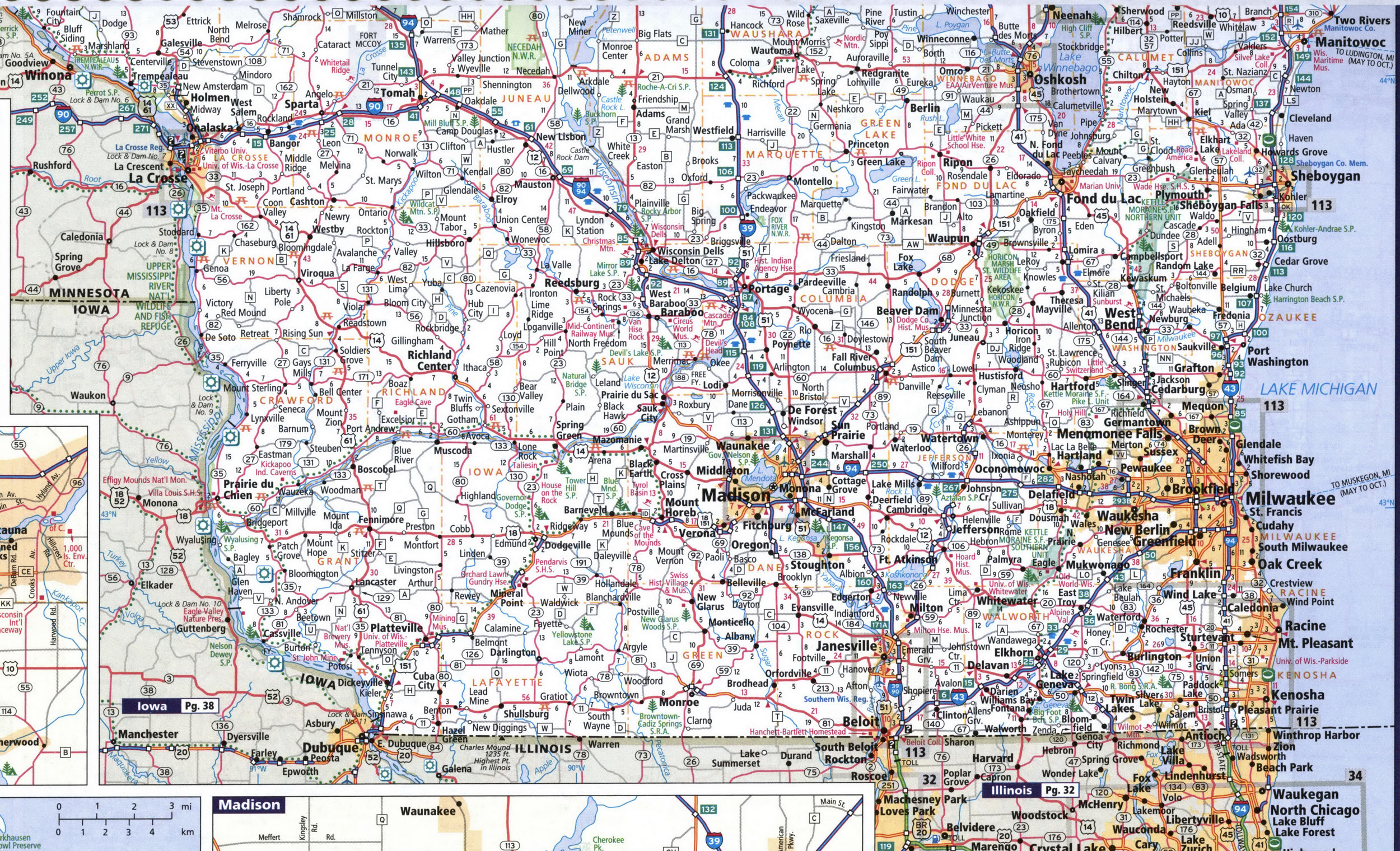 Map of Wisconsin state southern path