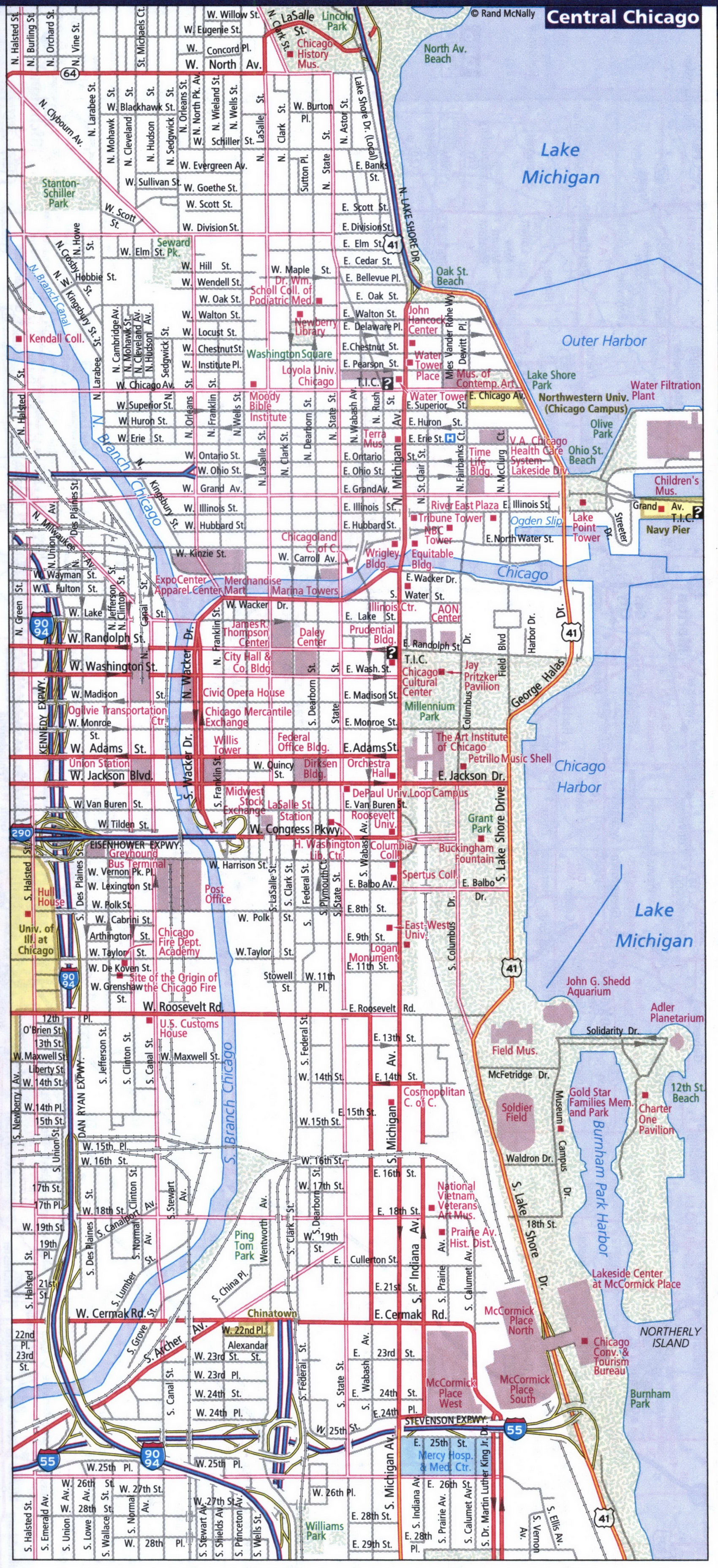 Map of central Chicago. Detailed map of central Chicago with street names and road numbers