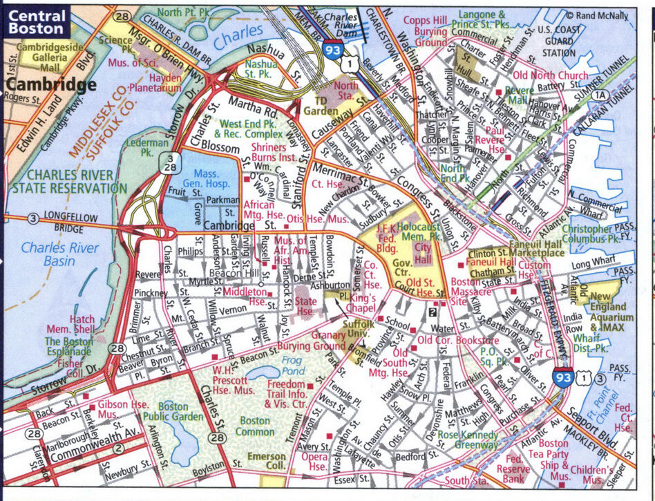 Map of central Boston. Detailed map of Boston area with street names and road numbers