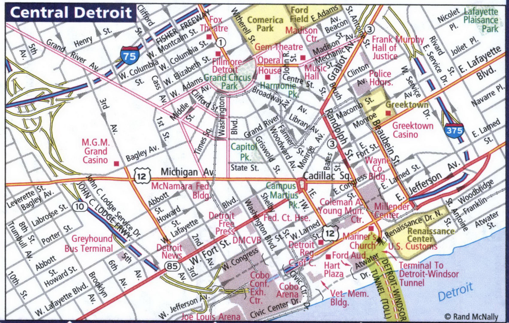 Map of Central Detroit. Detailed map of Central Detroit with street names and road numbers. Map of Central Detroit. Detailed map of Central Detroit with street names and road numbers.