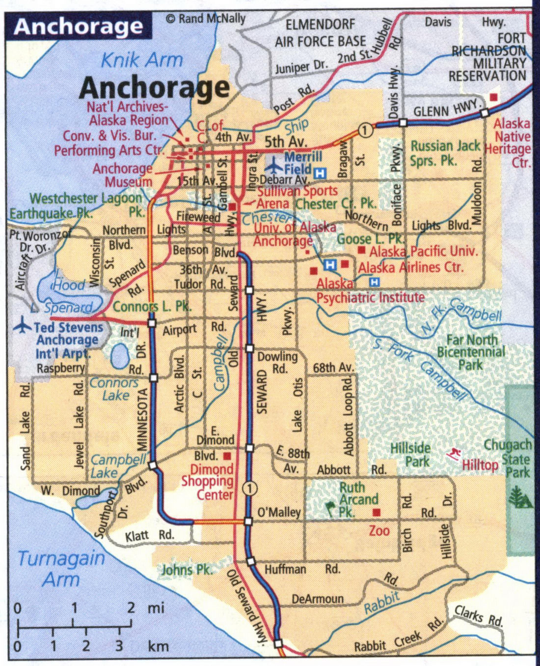 Detailed maps of the cities of Anchorage, Fairbanks, Juneau AK - atlas USA