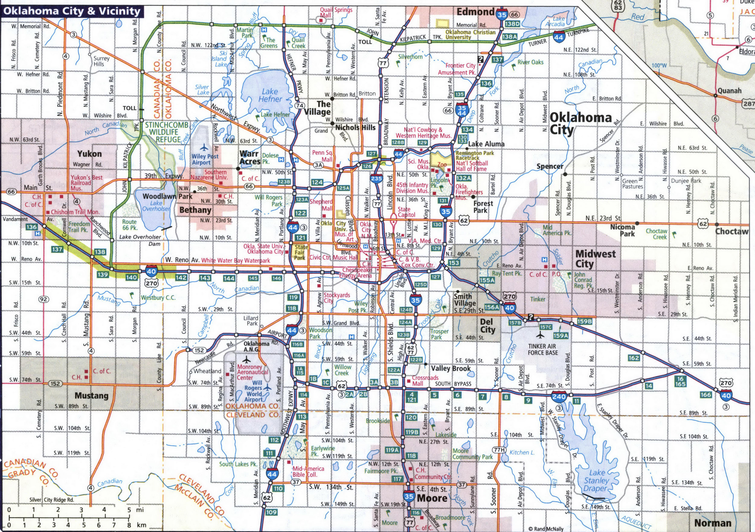 Map of Oklahoma City and vicinity. Detailed map of Oklahoma City area with street names and road numbers