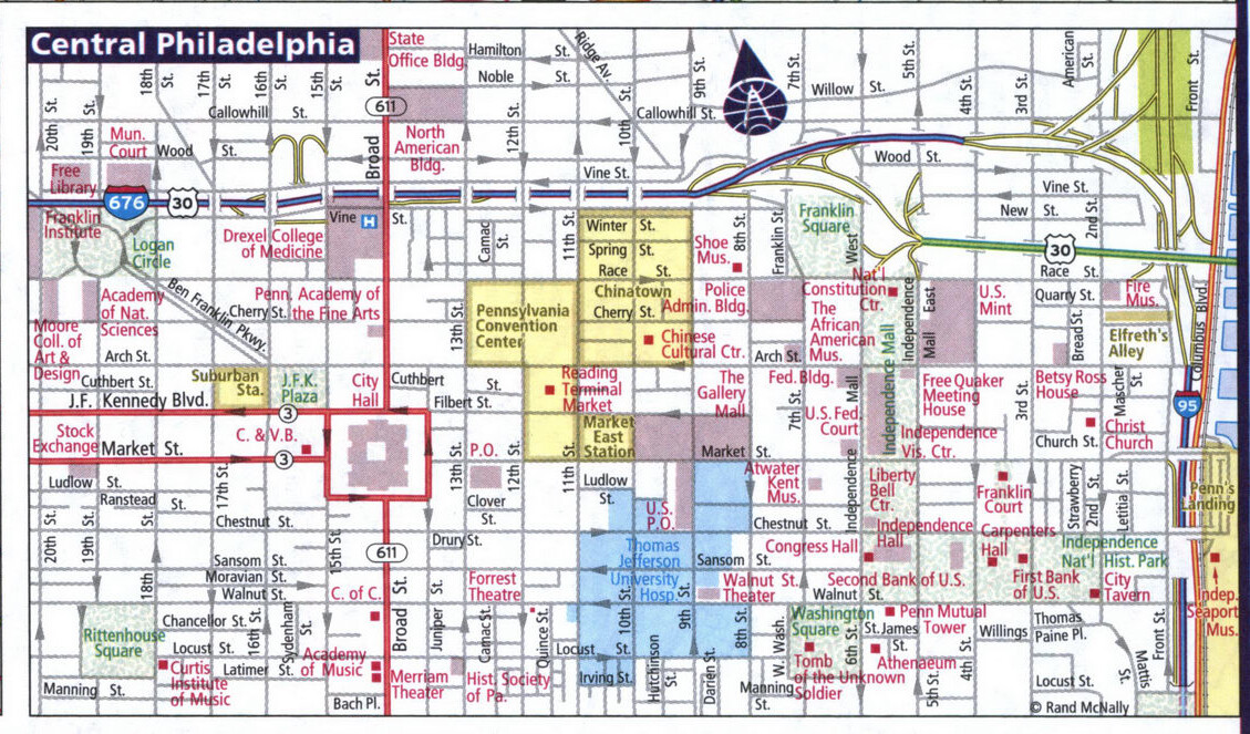 Map of Central Philadelphia. Detailed map of Central Philadelphia with street names and road numbers