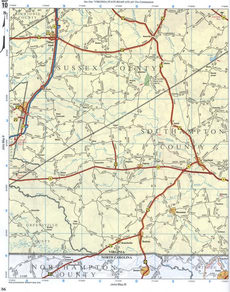map of Northampton CO NC, Southampton CO VA, and Sussex CO VA