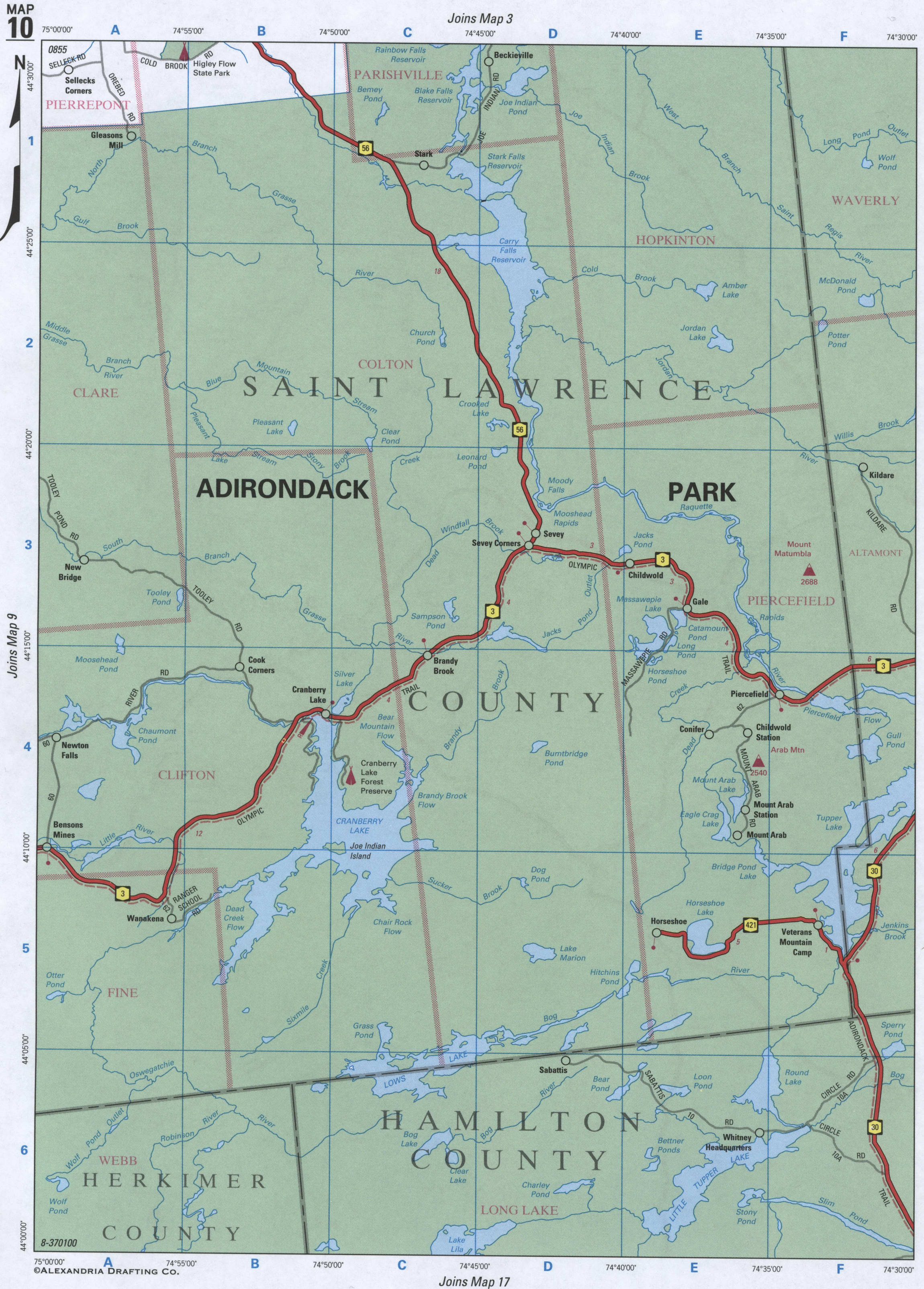 map of Hamilton County and Saint Lawrence County