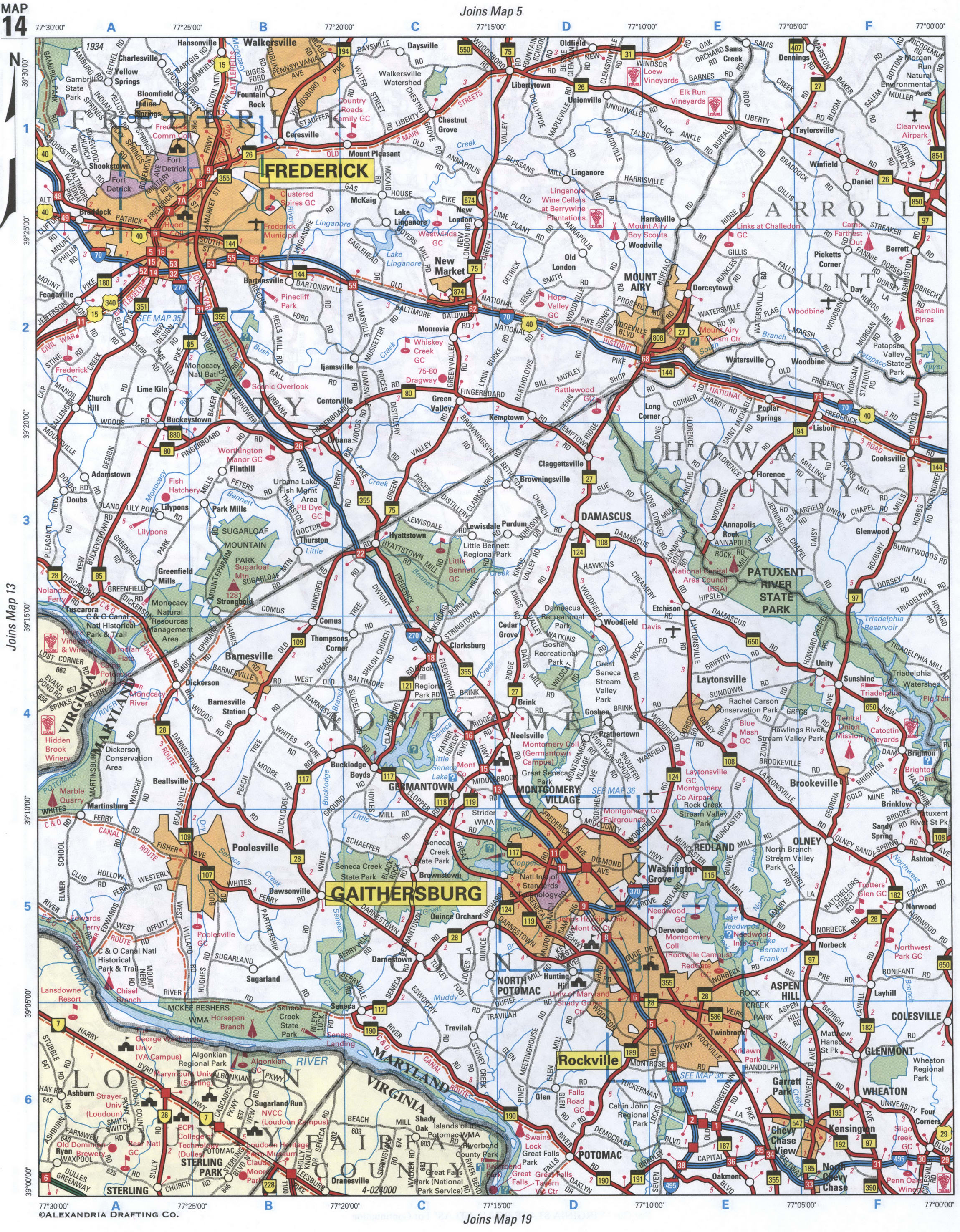 map of Montgomery, Howard, and Frederick Counties, Maryland