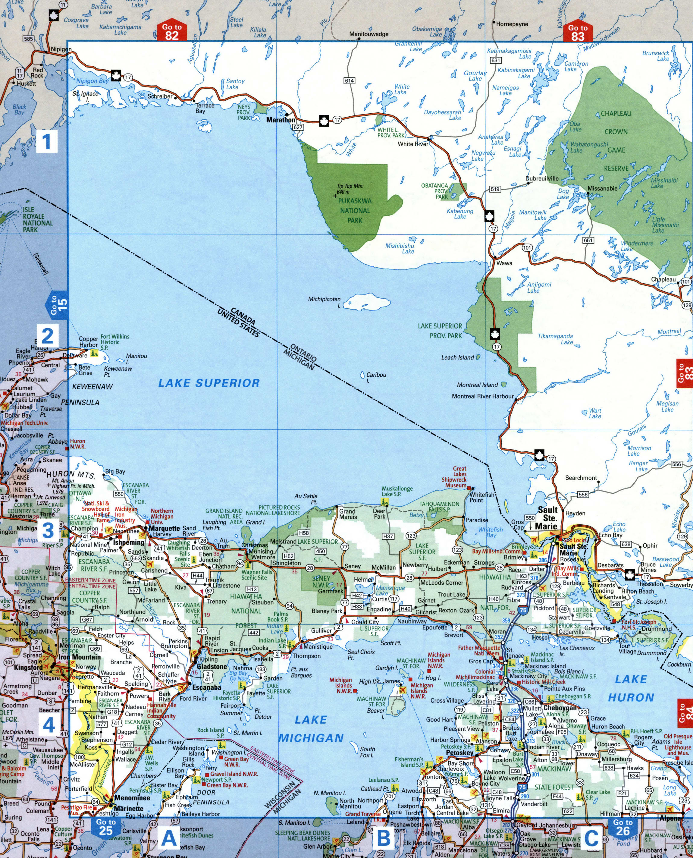 Map of northern Michigan with cities and roads. Map of the Marquette and Escanaba area