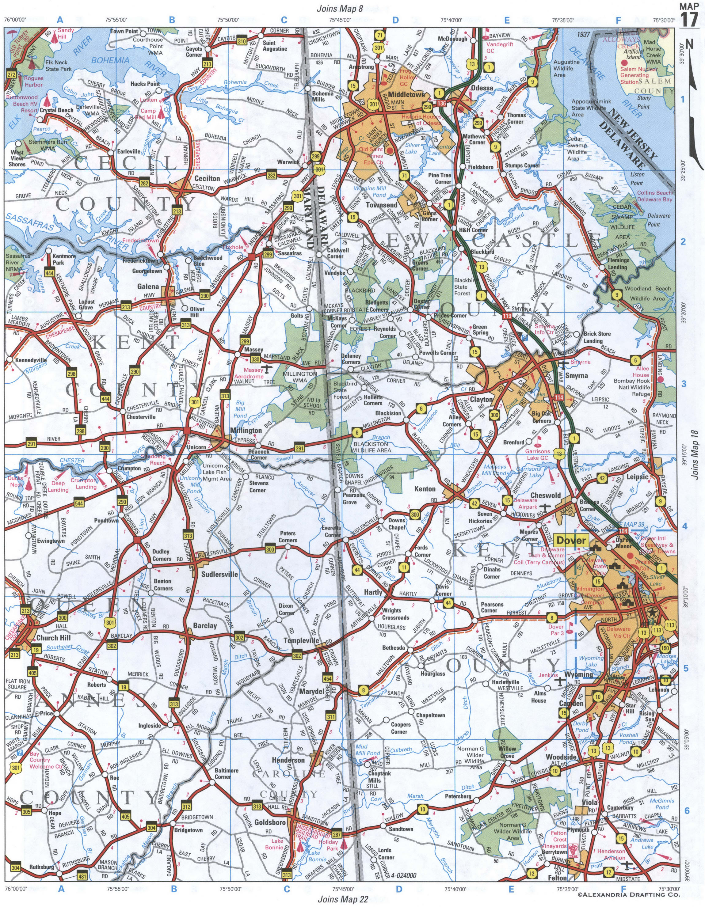 map of New Castle County DE, Kent County DE, Kent County MD, Cecil County MD